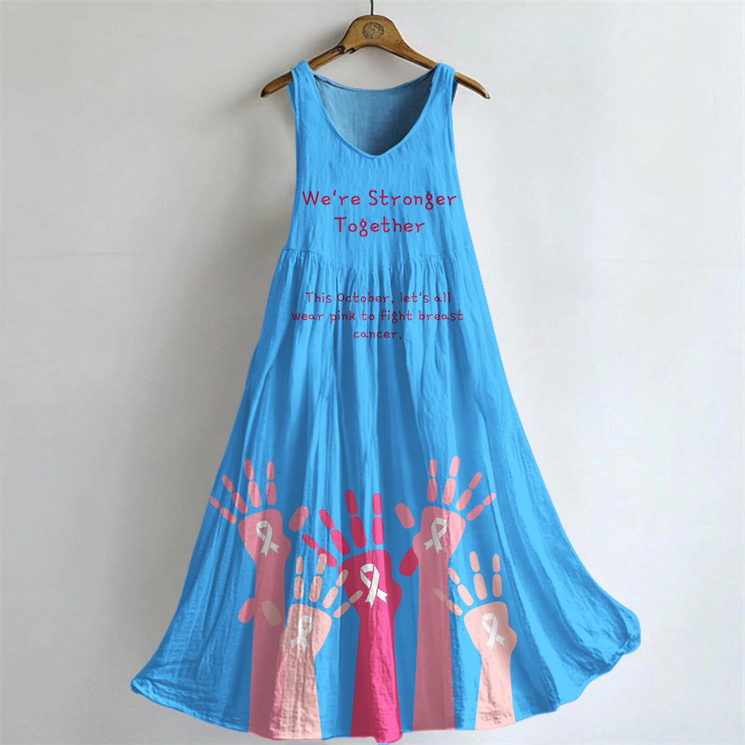 Breast Cancer Awareness Print V-neck Bamboo Linen Sleeveless Dress