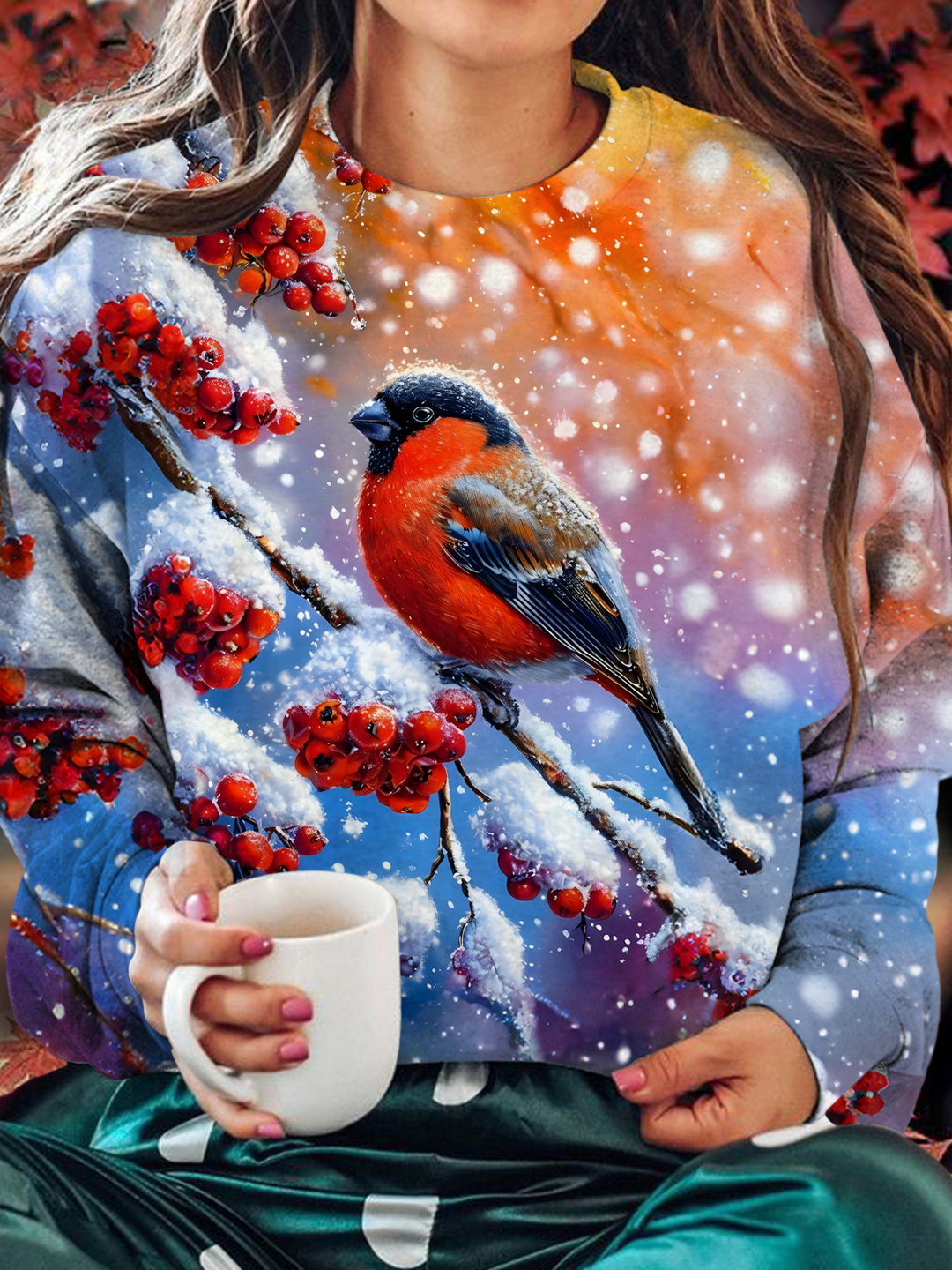Winter Snow Scene Cardinal Bird Printed Long Sleeve Casual Top
