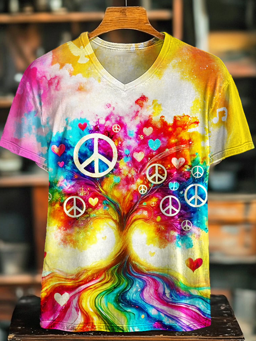 Colorful Hippie Peace Tree Art V-neck T-Shirt