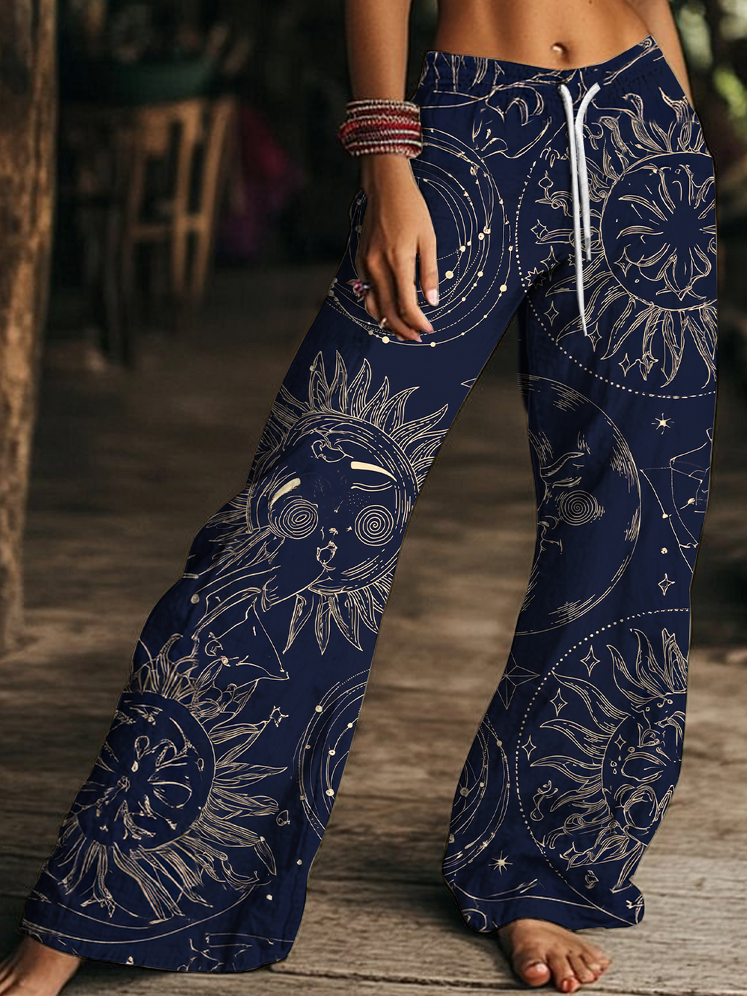 Retro Hippie Sun Moon Art Women's Drawstring Wide-Leg Pants