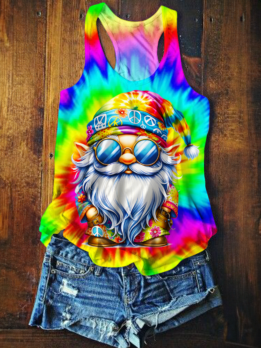 Colorful Tie Dye Love Peace Hippie Gnome Printed Casual Tank Top