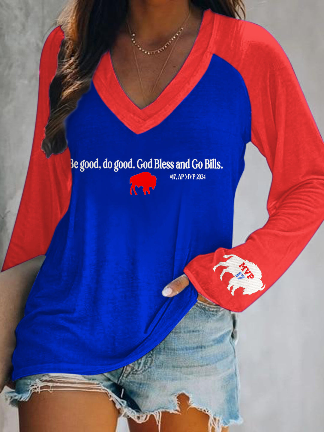 Buffalo Bills Go Bills Print V-Neck Long Sleeve Top