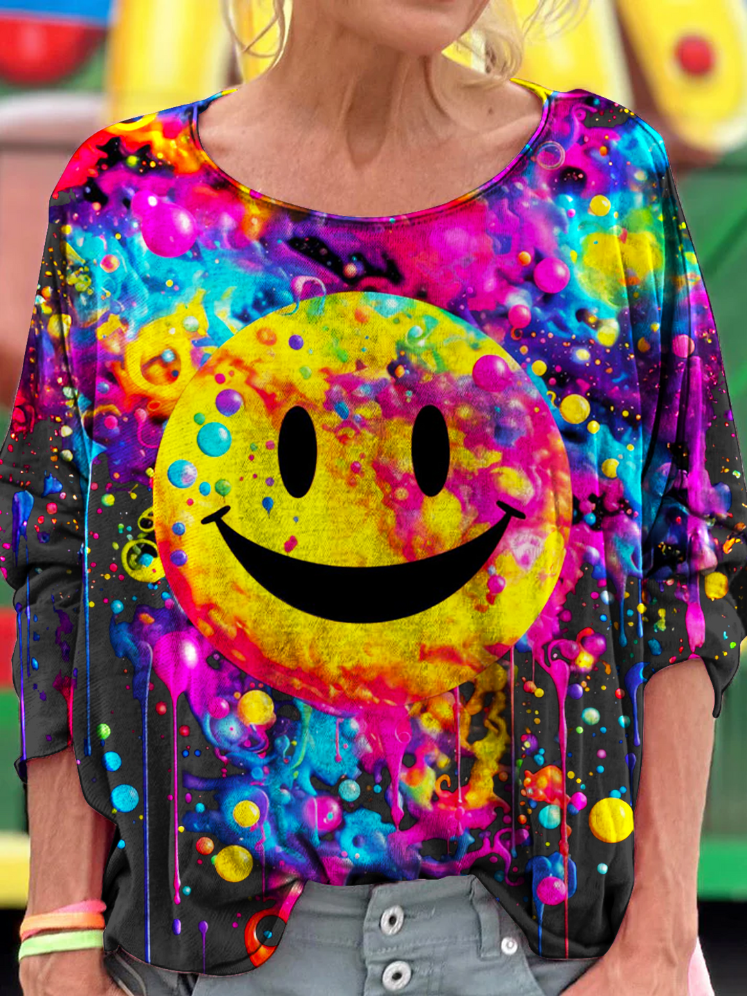 Colorful Ink Splash Hippie Smiley Face Art Dropped Shoulders Long Sleeves T-shirt