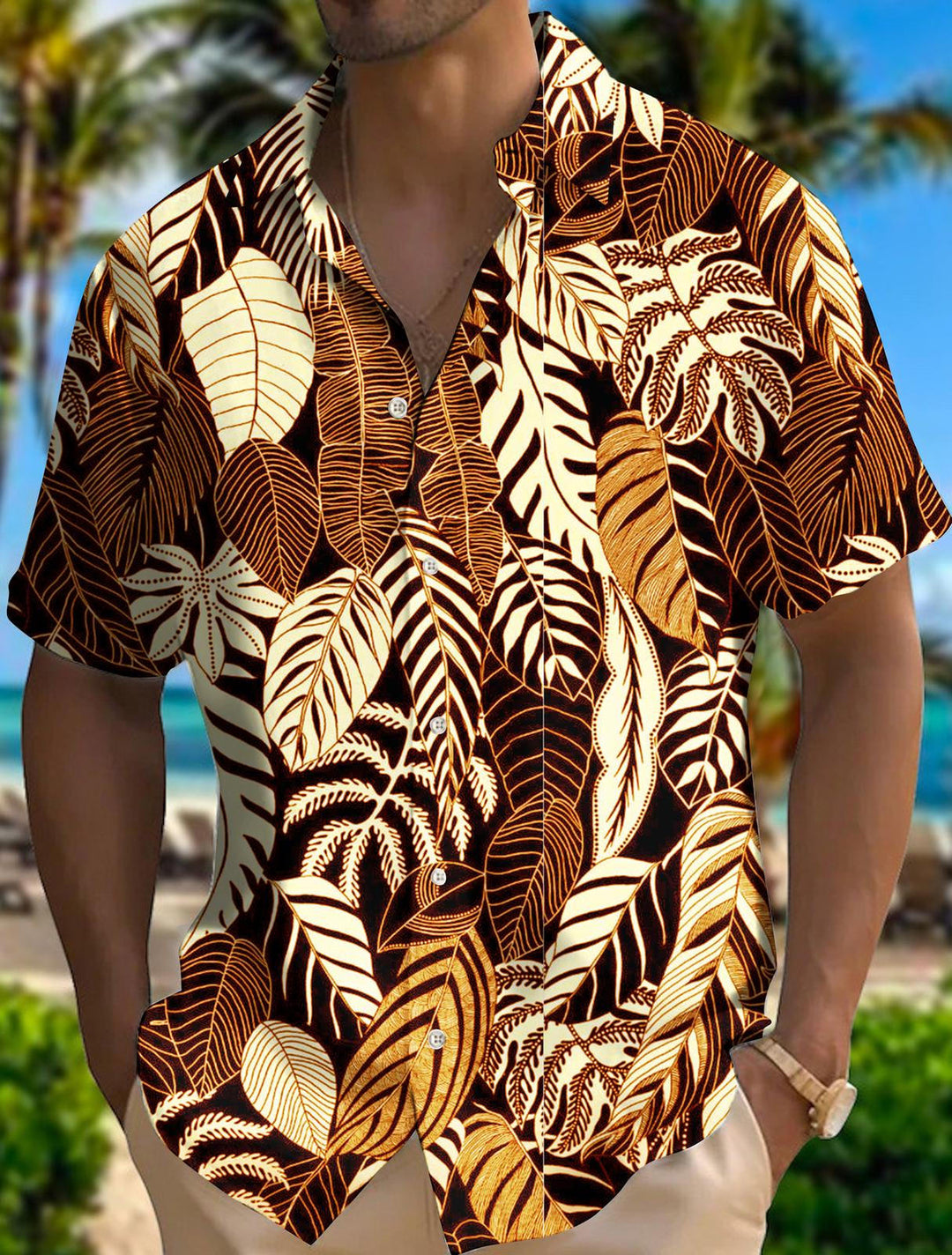 Men's Autumn Leaf Print Short Sleeve Shirts
