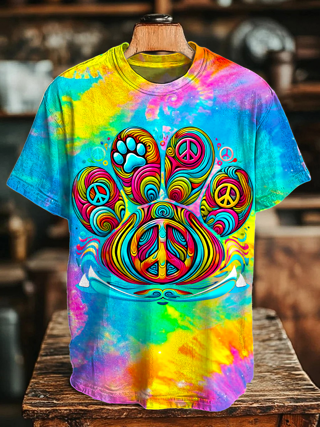 Colorful Tie-Dye Hippie Paw Print Art Crew Neck T-shirt