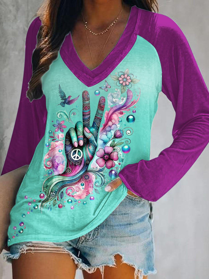Hippie Gestures Print V-Neck Long Sleeve Top