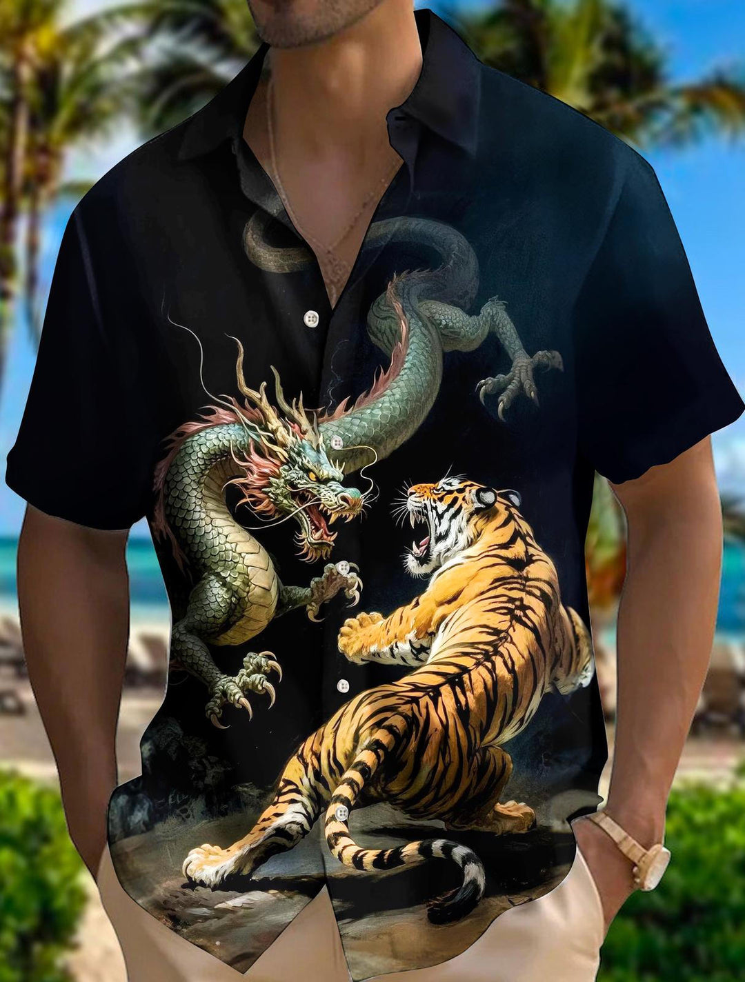Men's Dragon And Tiger Print Short Sleeve Shirts