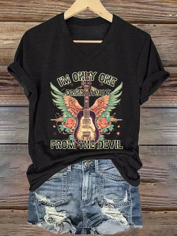 Creative Guitar Print Crew Neck T-shirt