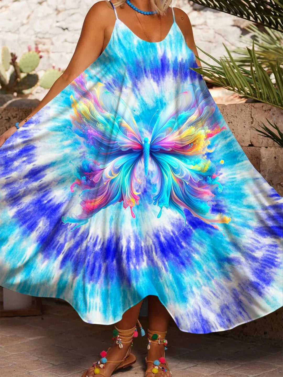 Tie-Dye Smoke Butterfly Art Women's Printed Casual Spaghetti Strap Dress