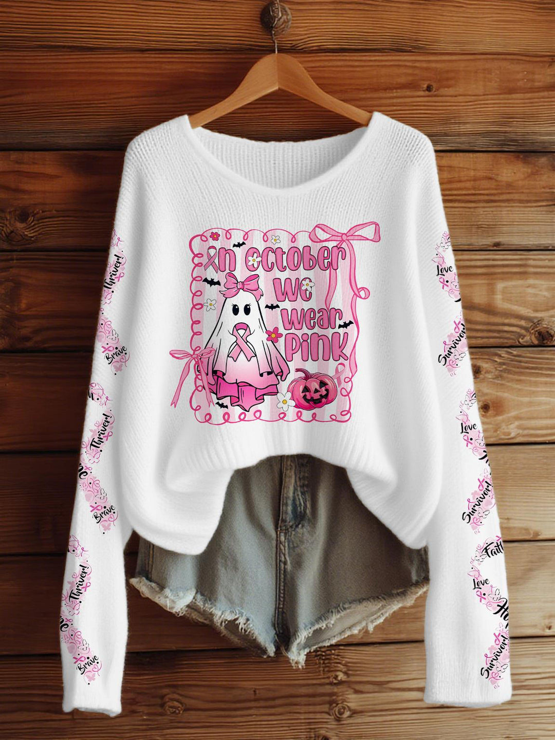Cute breast cancer Awareness Print Casual Knitted Sweater