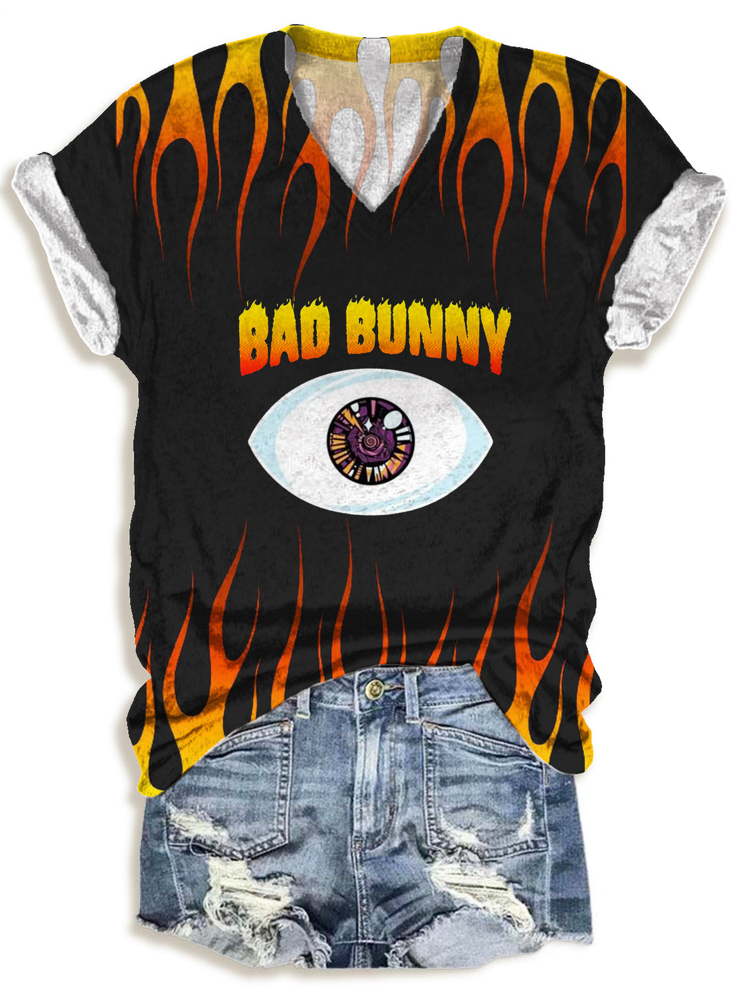 Bad Bunny Flame Eye Splicing Print V-neck T-Shirt