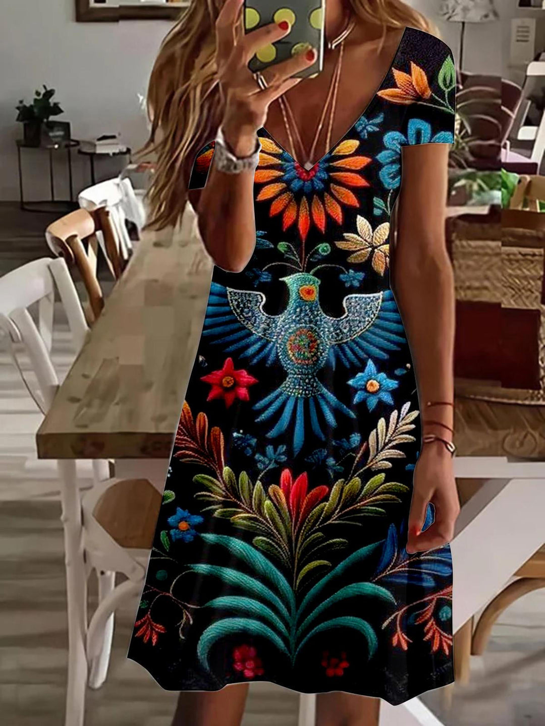 Vintage Bird Flower Pattern V Neck Short Sleeve Dress