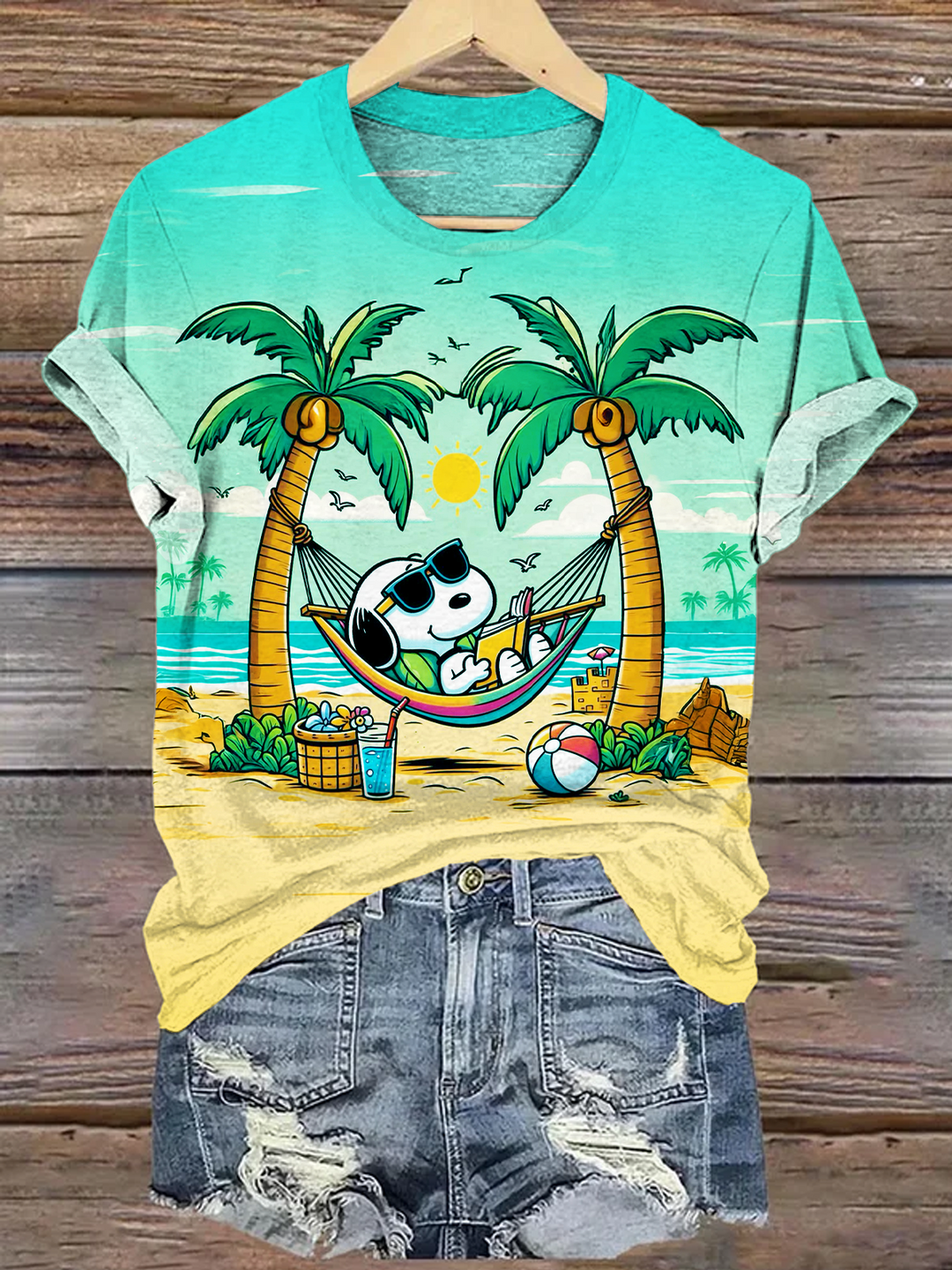 Fun Snoopy's Lazy Island Vacation Crew Neck T-shirt