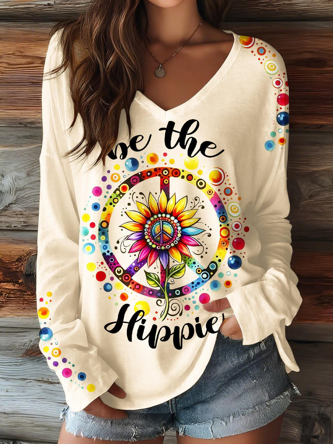 Hippie Irregular Polka Dots Print V-Neck Long Sleeve Top