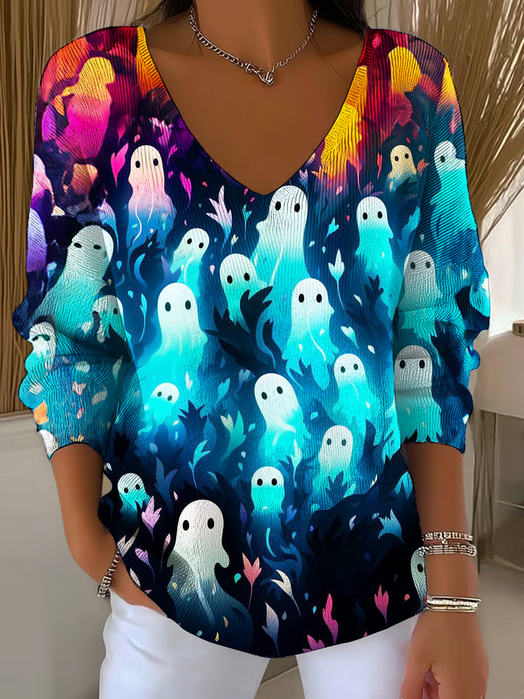 Halloween Ghost Casual V Neck Pullover Sweater