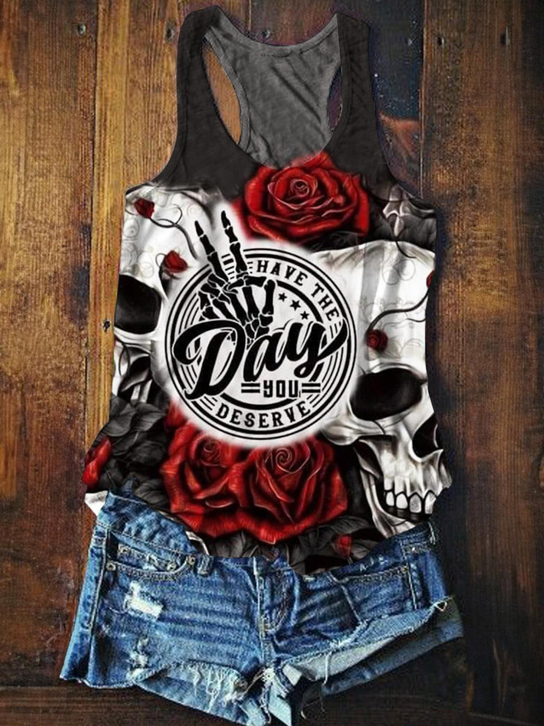 Skull Print Crew Neck Tank Top