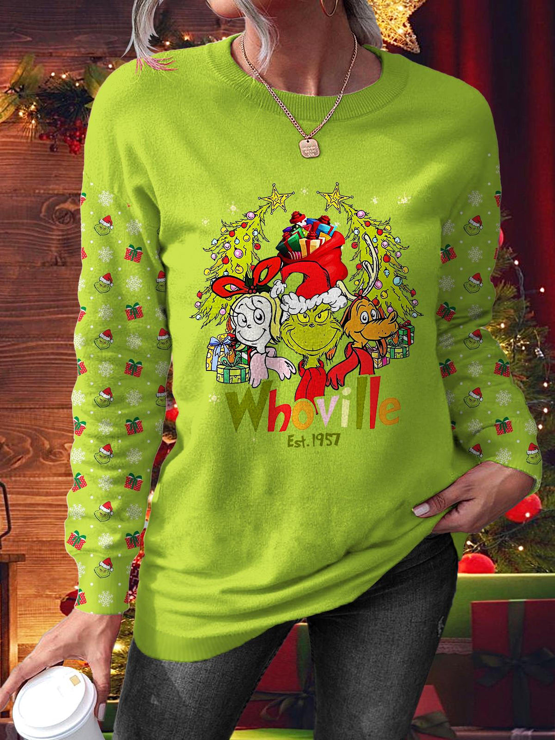 Women's Fun Christmas Character Printed Long Sleeve Casual Top