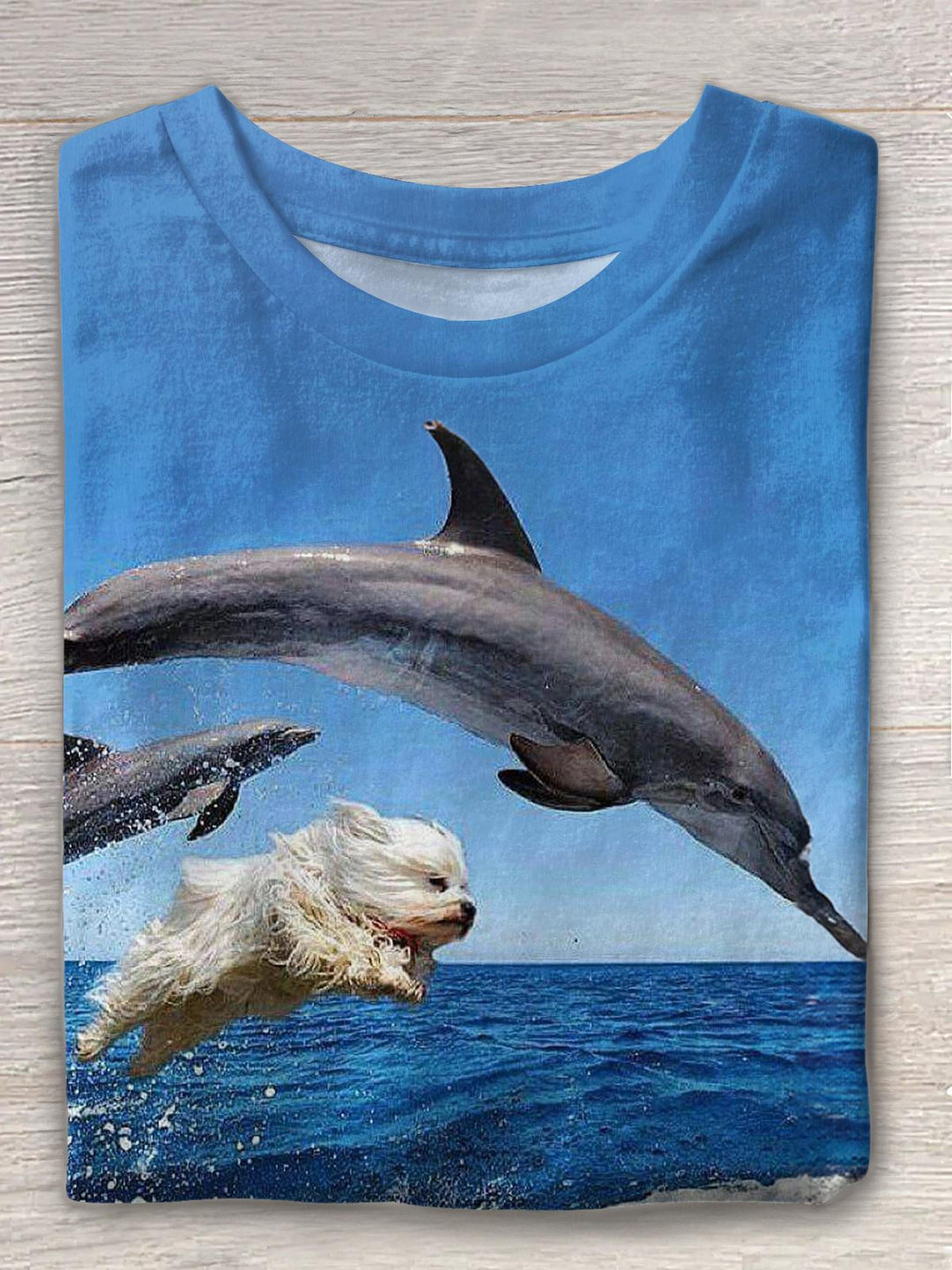 Funny Dolphin And Puppy Printed Crew Neck T-shirt