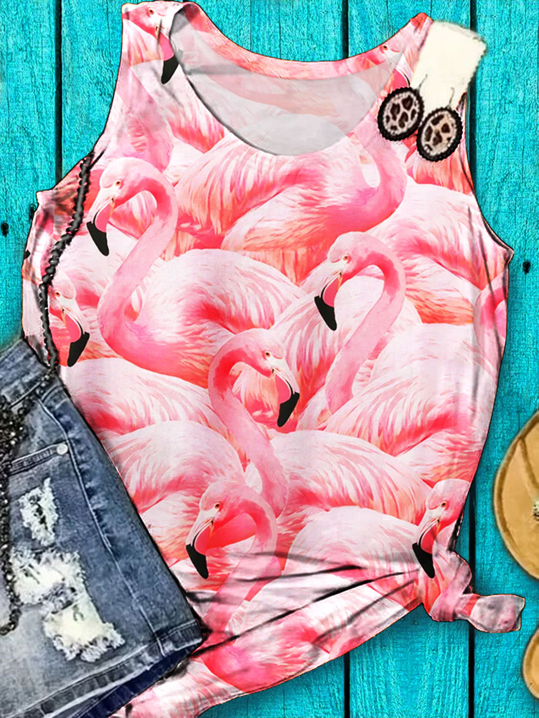 Pink Flamingo Print Casual Tank Top