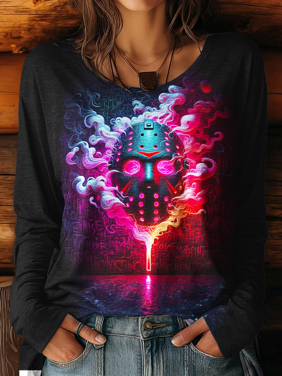 Women's Halloween Horror Movie Characters Round Neck Long Sleeve T-shirt