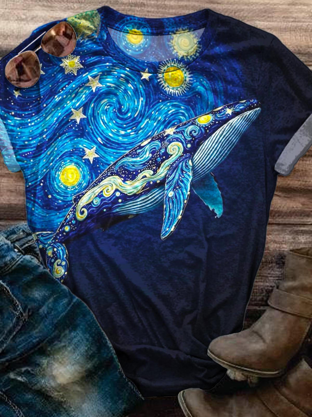 Retro Dream Whale Print Crew Neck T-shirt