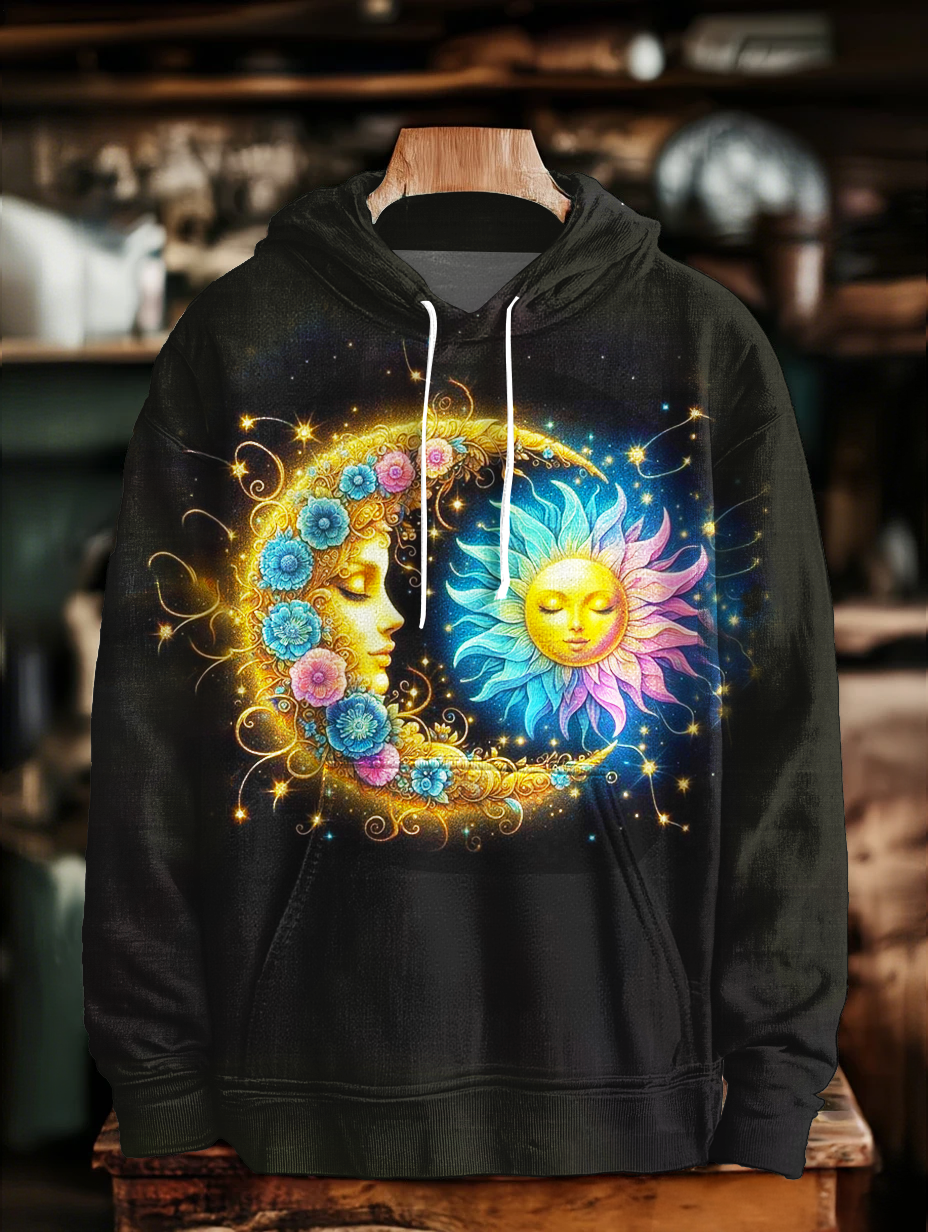 Retro Hippie Sun and Moon Art Unisex Long Sleeve Hooded Pocket Sweatshirt