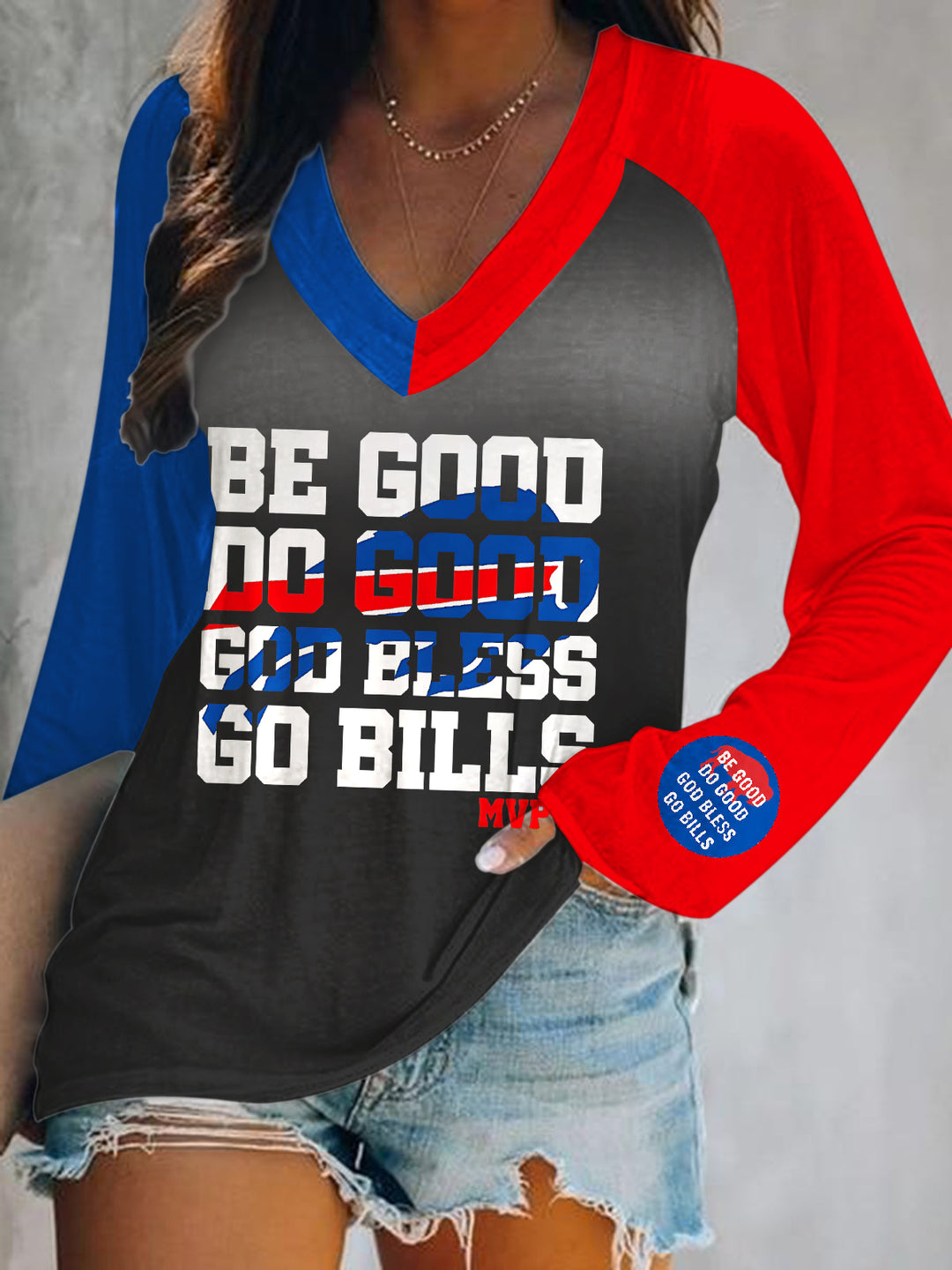 Buffalo Bills Print V-Neck Long Sleeve Top