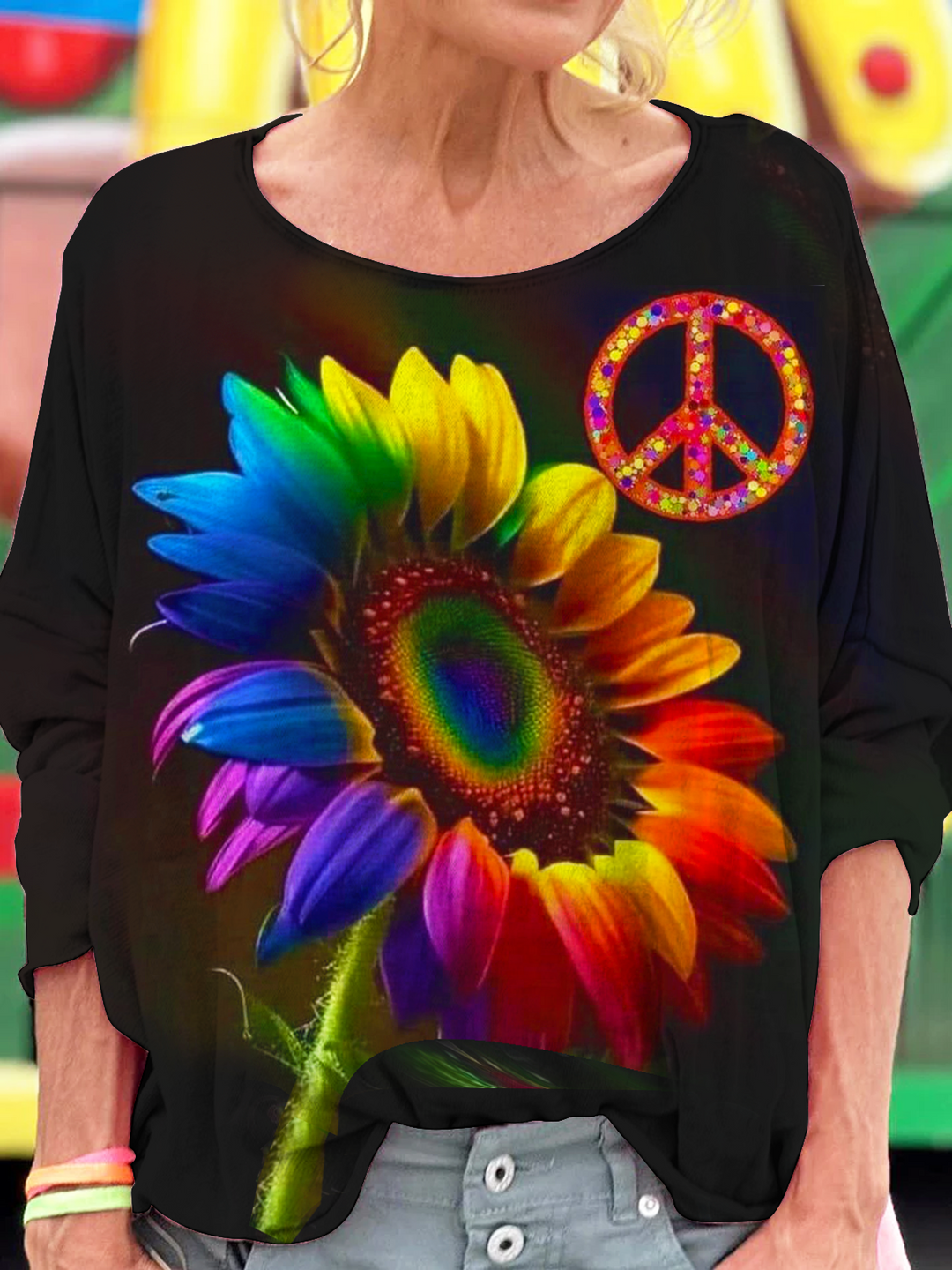 Colorful Sunflower Peace Hippie Art Dropped Shoulders Long Sleeves T-shirt