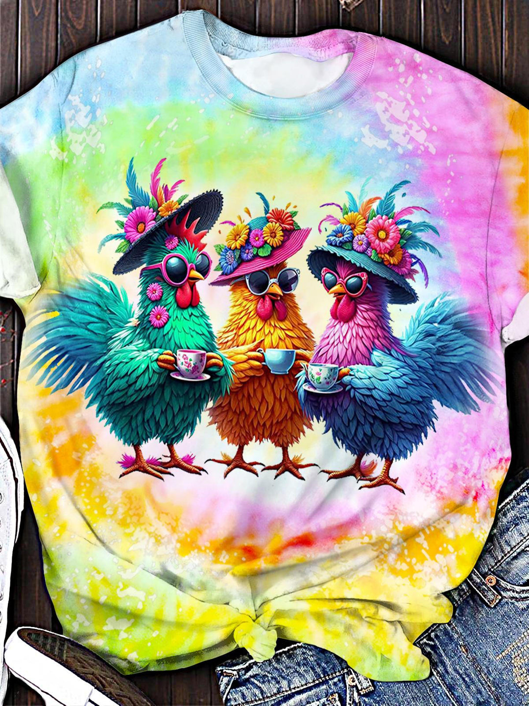 Summer Chicken Colorful Print Crew Neck T-shirt