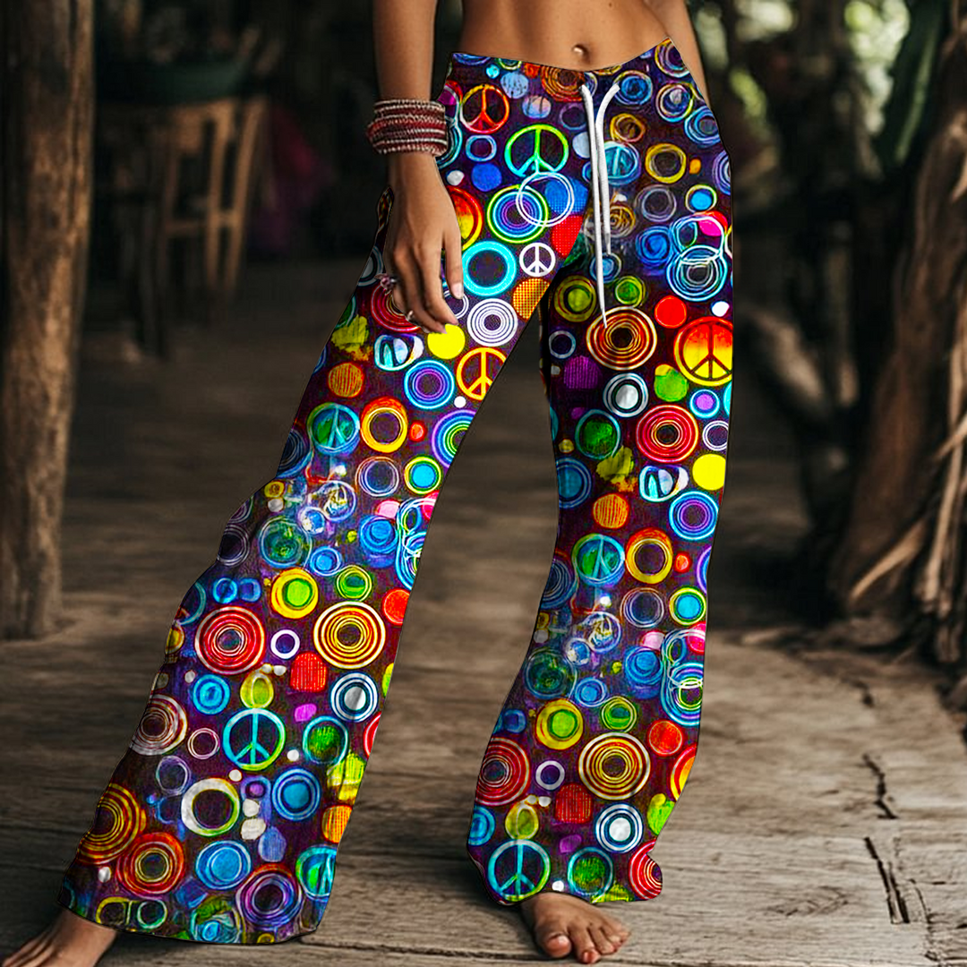 Colorful Hippie Peace Sign Art Women's Drawstring Wide-Leg Pants