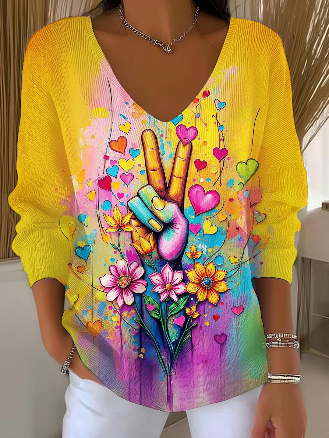 Hippie Art Flowers Casual V Neck Pullover Sweater