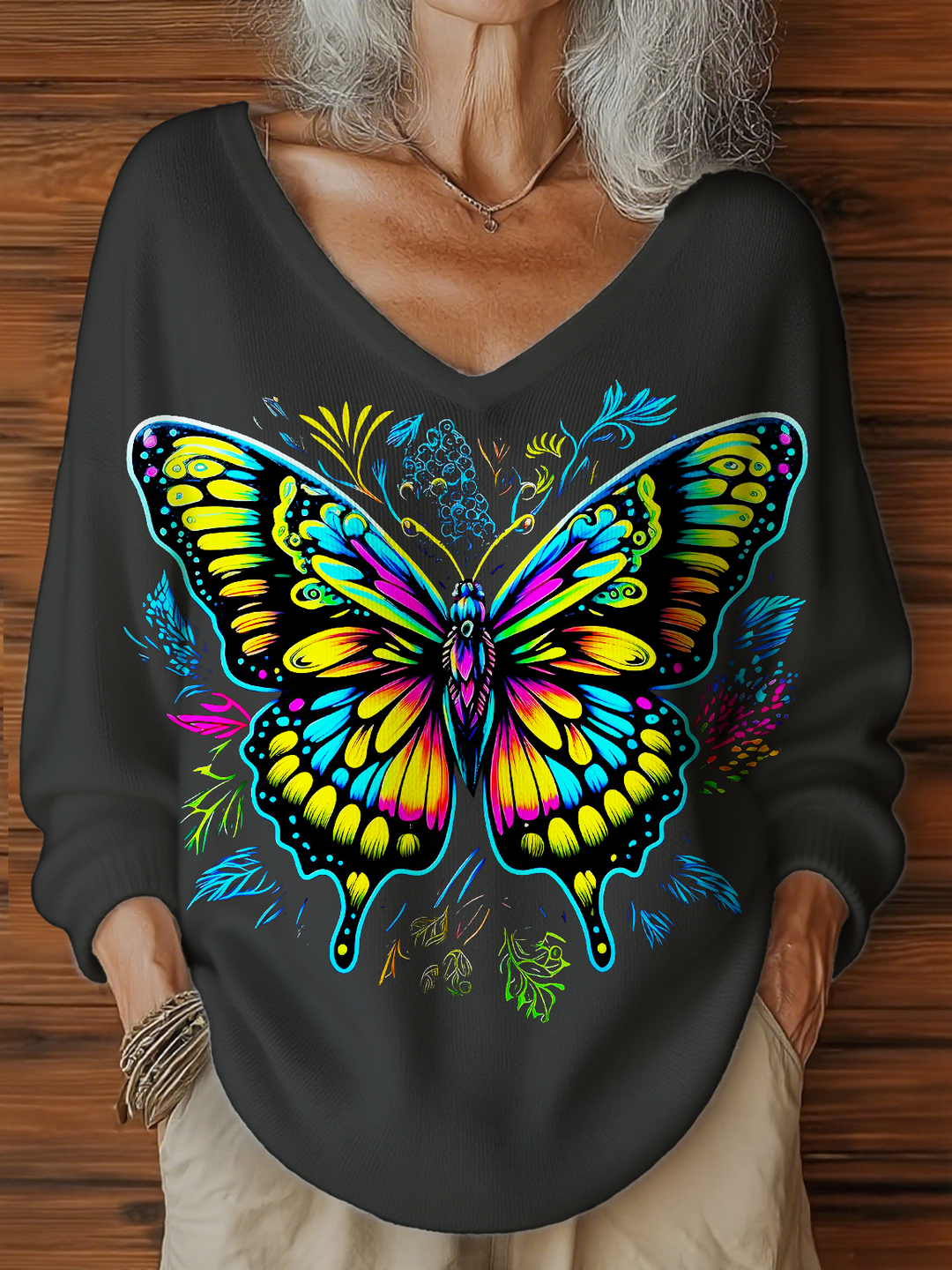 Hippie Butterfly Casual V Neck Pullover Sweater