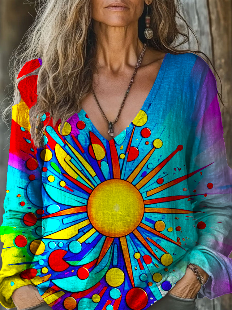 Retro Classic Hippie Art V-neck Long Sleeve Top
