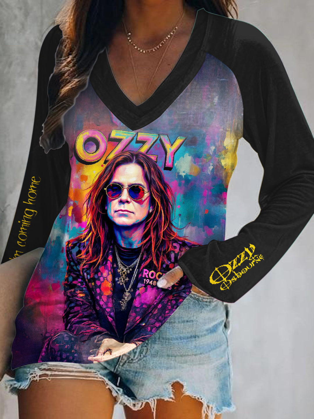 Ozzy Osbourne Retro Graffiti Print V-Neck Long Sleeve Top