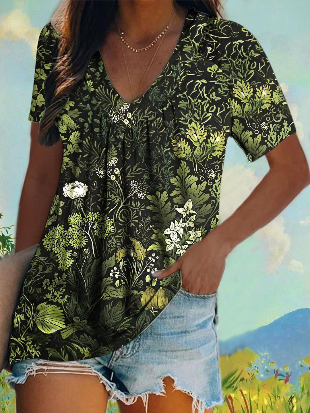 Retro Floral Print Casual Pleated Top