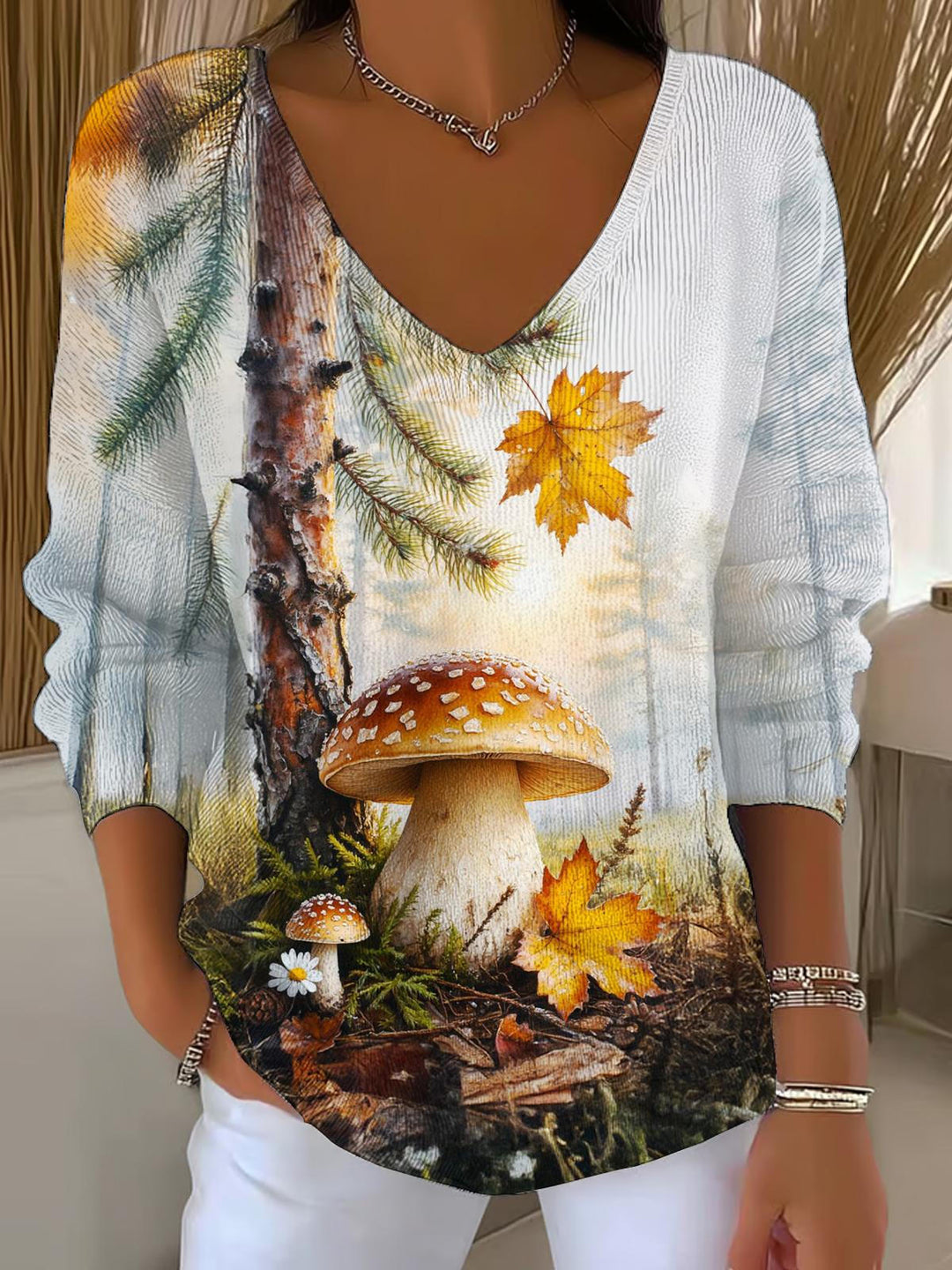Autumn and Winter Mountain Wild Mushrooms Casual V Neck Pullover Sweater