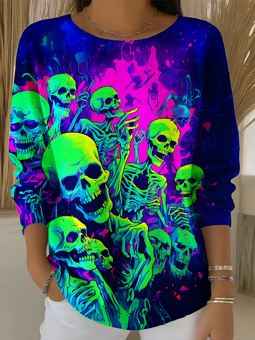 Magic Hippie Horror Halloween Skull Print Casual Crew Neck Pullover Sweater