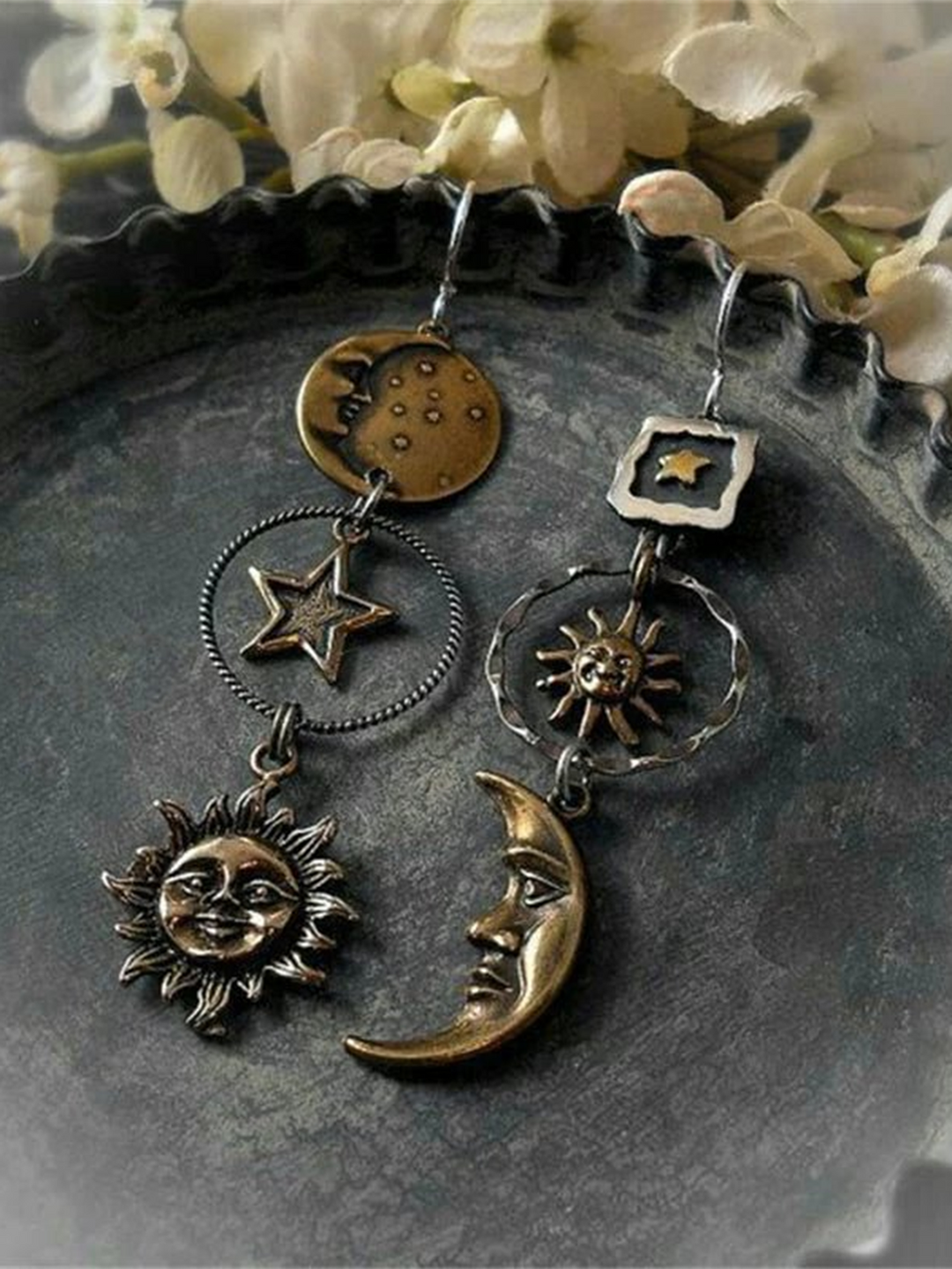 Retro Hippie Sun Star Moon Asymmetrical Earrings