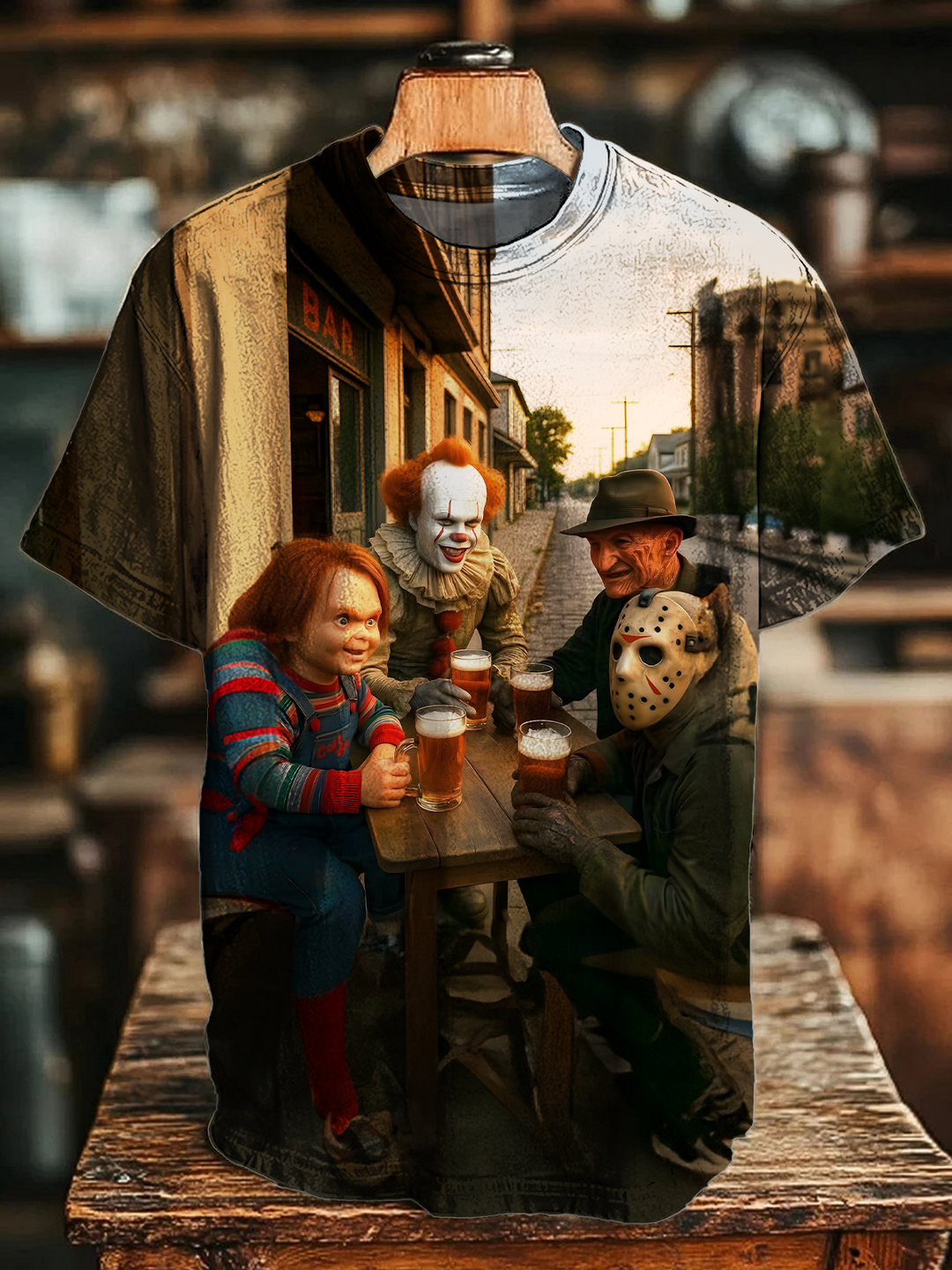 Retro Horror Movie Characters Crew Neck T-shirt