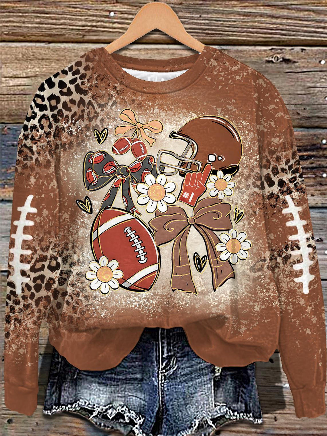 Fall Football Floral Print Long Sleeve Casual Top
