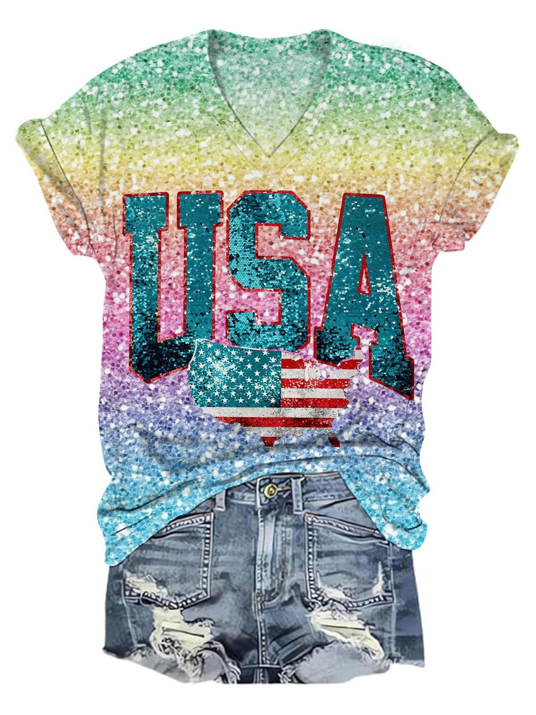 Glitter 4th of July Usa V-neck T-Shirt