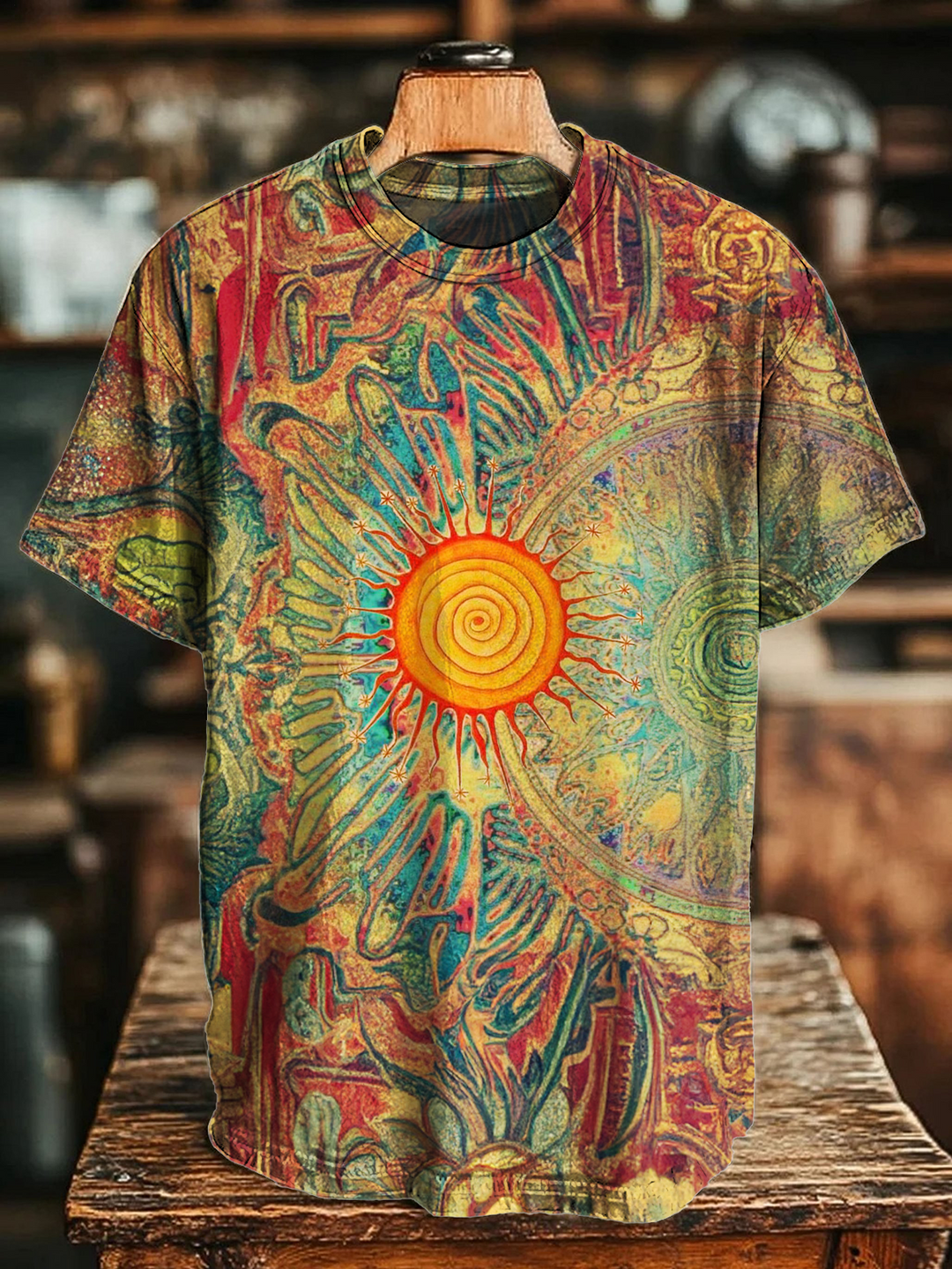 Retro Sun Hippie Art Cotton Crew Neck T-Shirt
