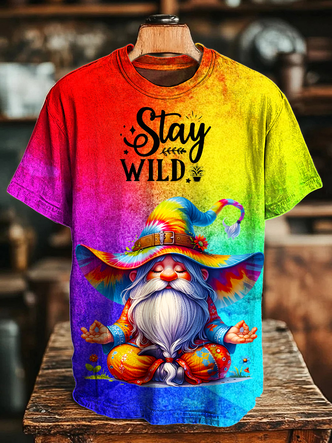 Stay Wild Hippie Gnome Cotton Crew Neck T-Shirt