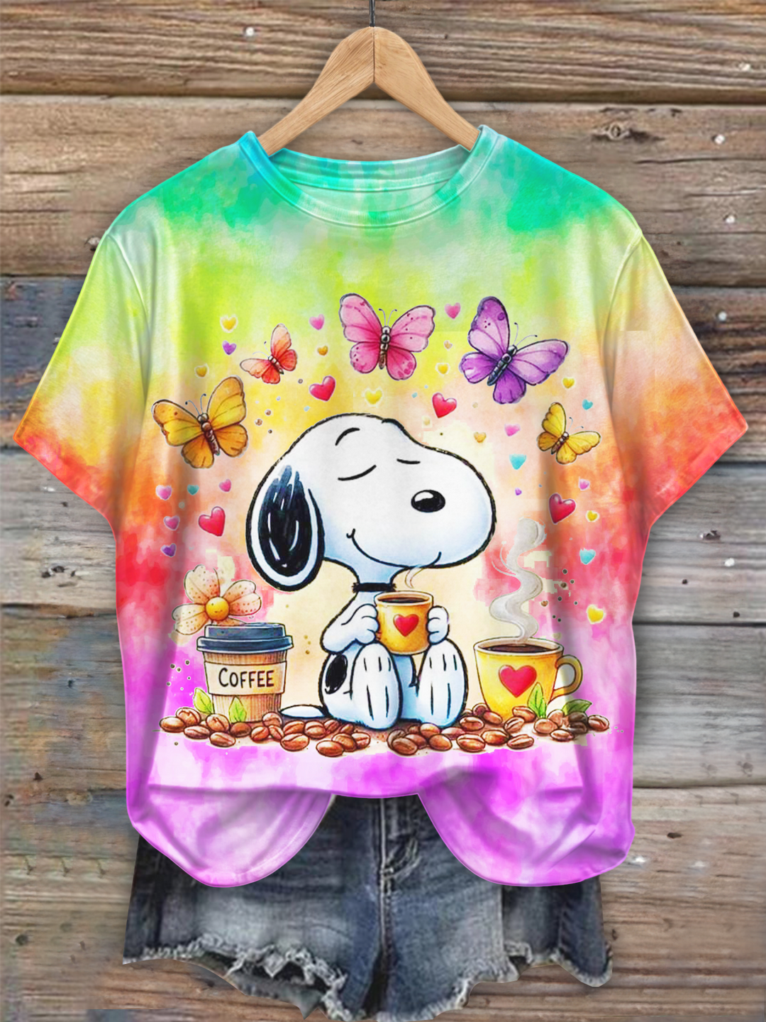 Tie-dye Fun Holiday Snoopy Drinking Coffee Crew Neck T-shirt