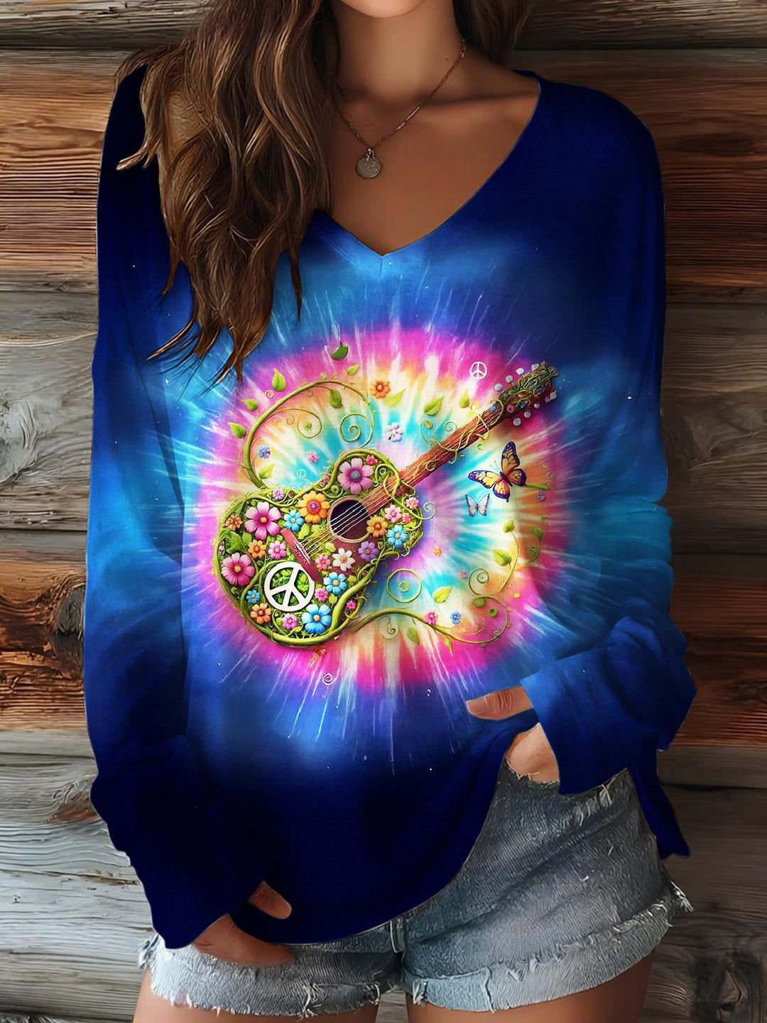 Hippie Colorful Guitar V-neck Long Sleeve Top