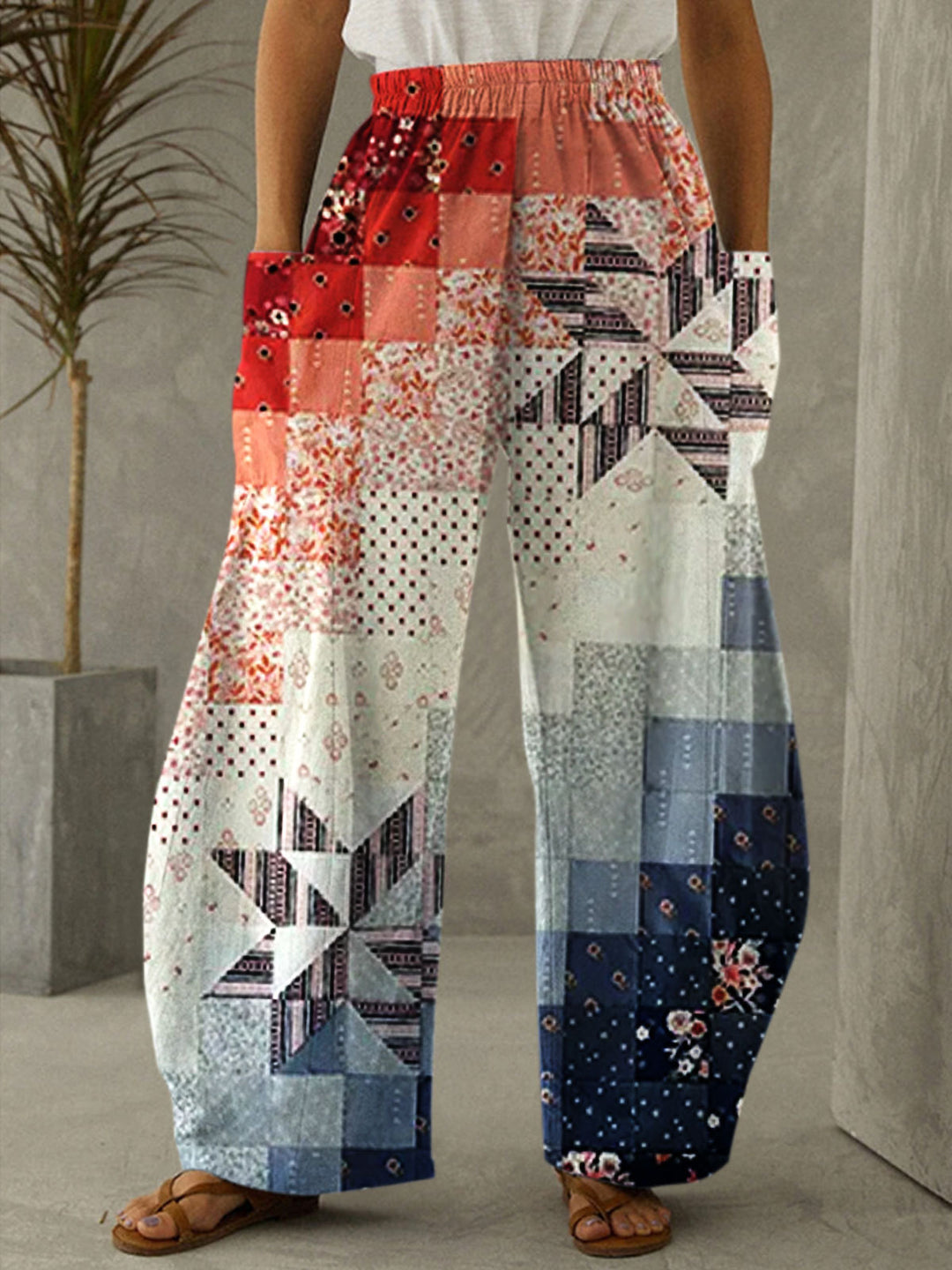 Red and Blue Floral Print Casual Pants