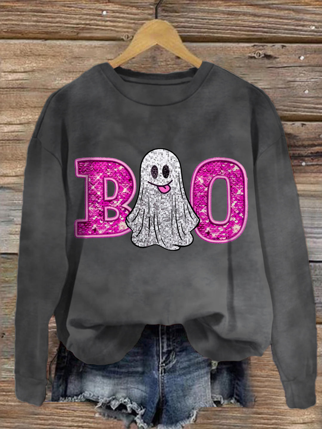 Women's Cute Boo Halloween Crew Neck Casual Sweatshirt