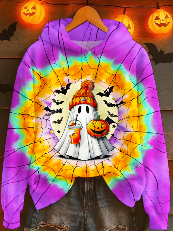 Tie-Dye Halloween Ghost Long Sleeve Printed Hoodie