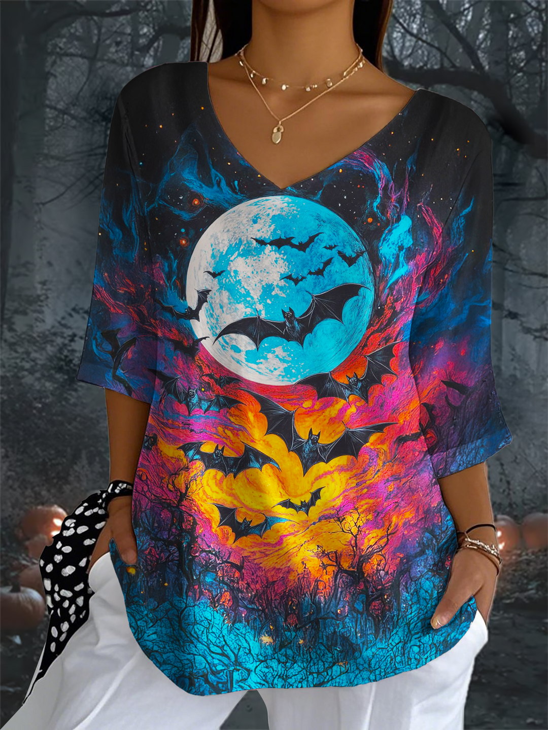 Scary Halloween Bat Ladies Loose Short Sleeve T-shirt