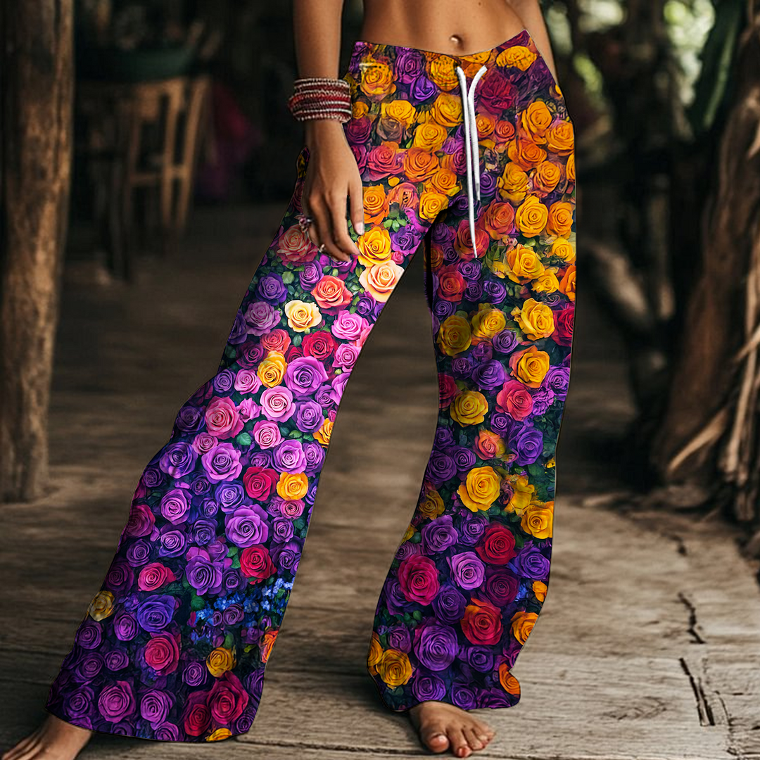 Colorful Hippie Rose Flower Art Women's Drawstring Wide-Leg Pants